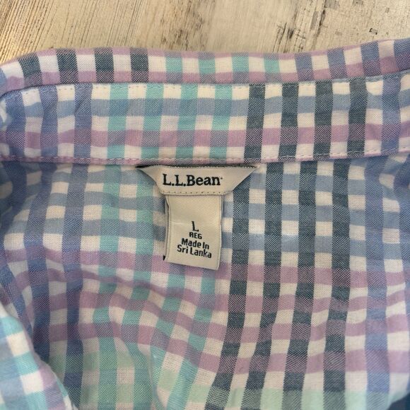 LL Bean Vacationland Seersucker Pastel Gingham Plaid Button Up Shirt Size Large - Picture 12 of 13